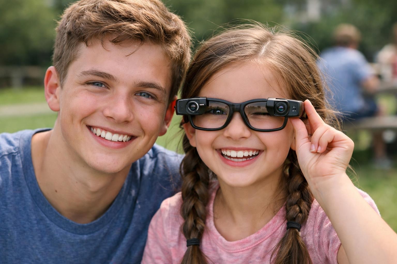 Young boy and girl smiling, girl wearing smart glasses with cameras