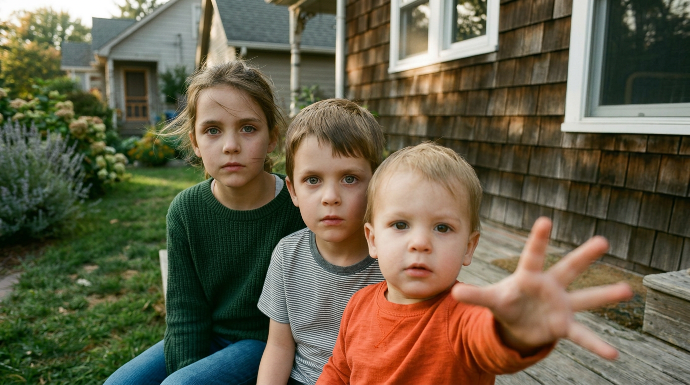 Three children sitting on a wooden porch step outside a house, with a girl on the left in a green sweater, a boy in the middle in a striped shirt, and a younger boy in an orange shirt reaching towards the camera